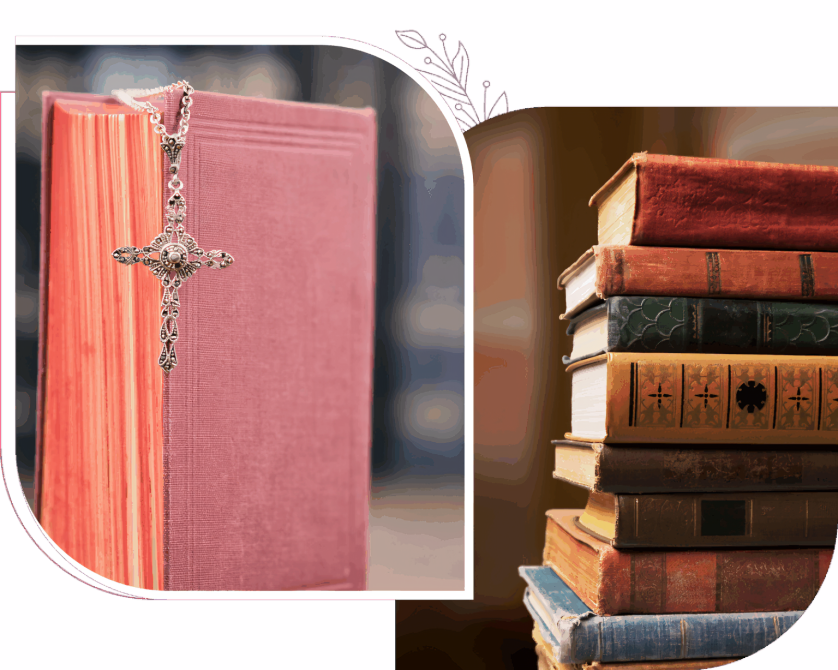 Stack of books with decorative cross.